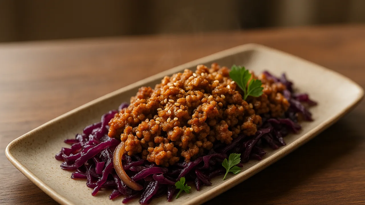 Sesam-Rinderhackfleisch mit Rotkohl aus dem Airfryer mit Rinderhackfleisch und Rotkohl, auf dunklem Walnussholz angerichtet.