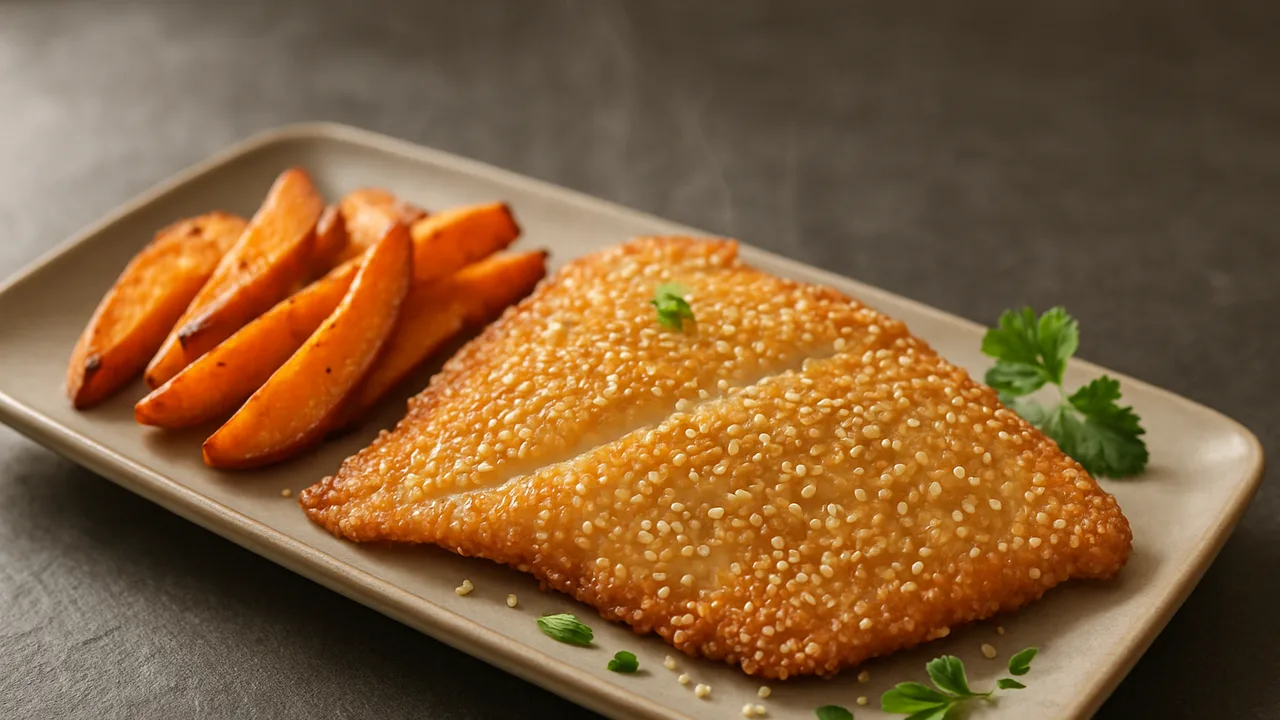 Sesam-Scholle mit Süßkartoffel aus dem Airfryer mit Schollenfilets und Süßkartoffel, auf dunklem Schiefer angerichtet.