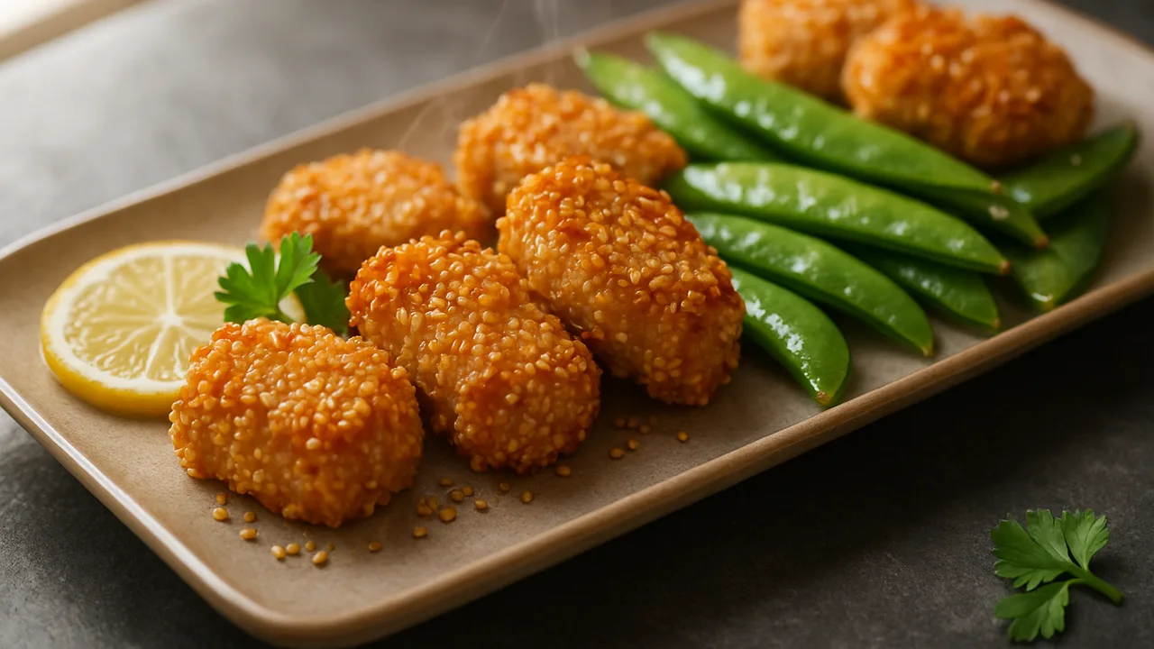 Sesam-Schweinekotelett-Nuggets mit Zuckerschoten aus dem Airfryer mit Schweinekotelett und Ei, auf dunklem Schiefer …