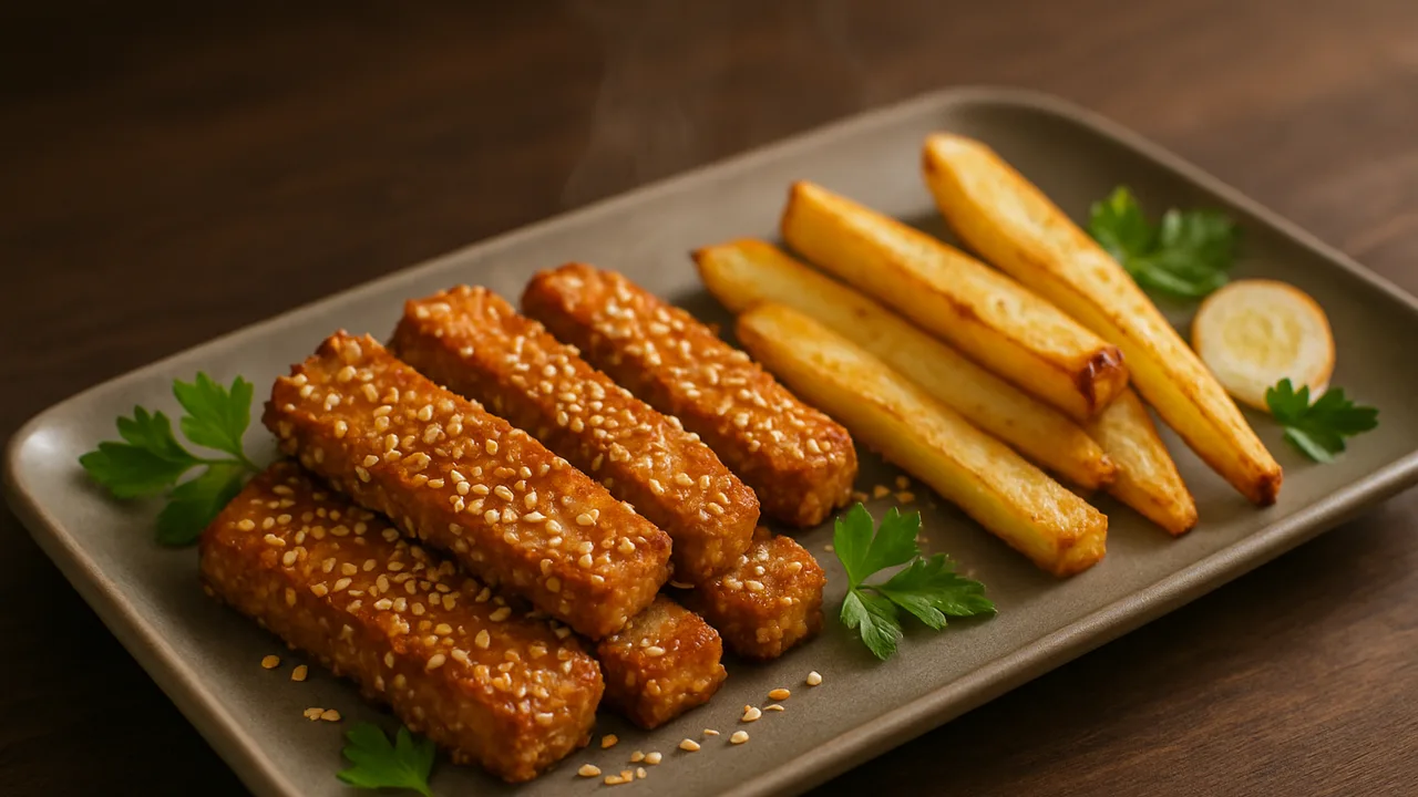 Sesam-Seitan mit Pastinake aus dem Airfryer mit Seitan und Pastinake, auf dunklem Walnussholz angerichtet.