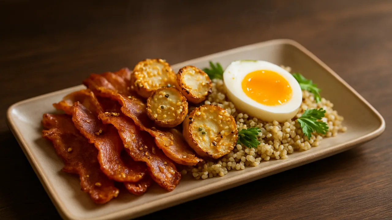 Sesam-Speck Bowl mit Quinoa und Topinambur aus dem Airfryer mit Speck und Topinambur, auf dunklem Walnussholz angerichtet.