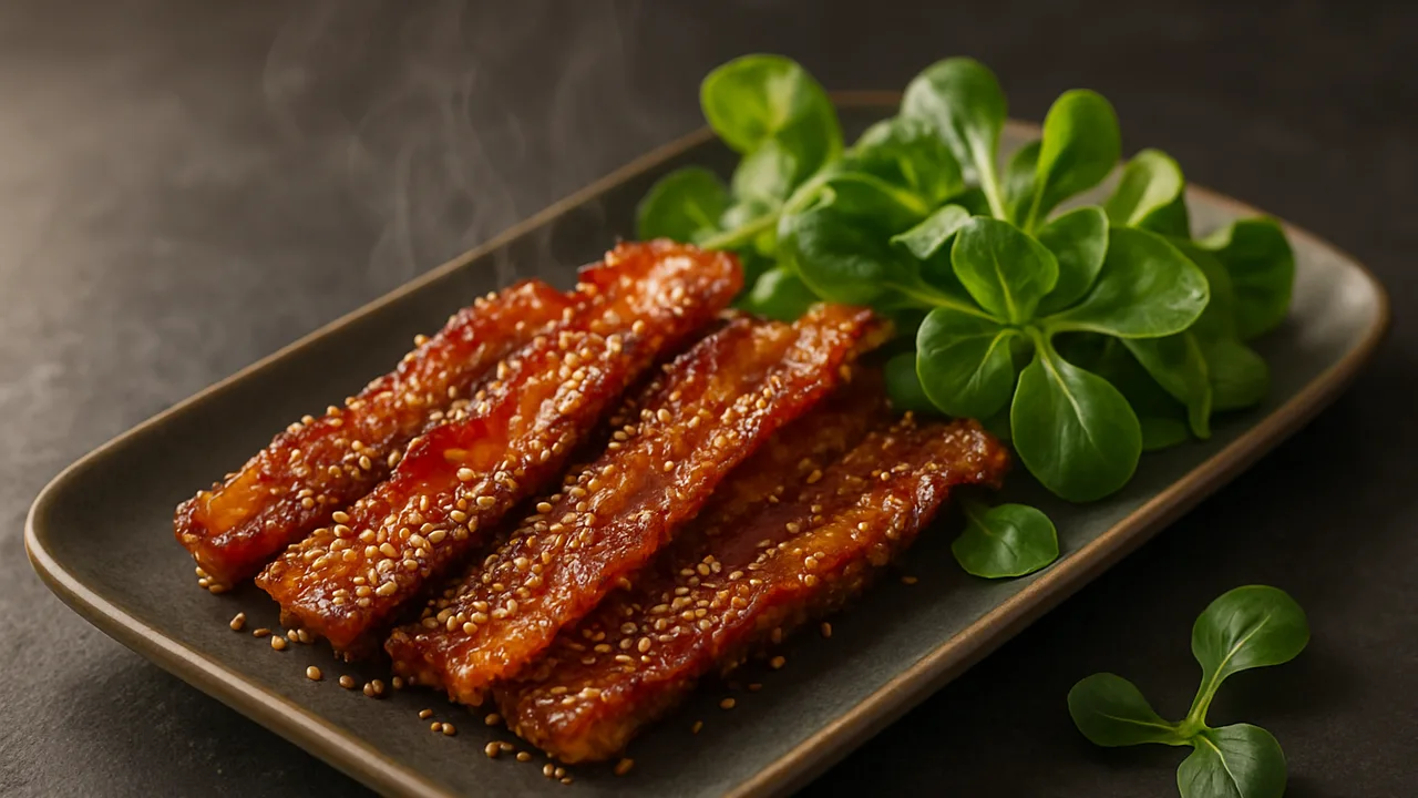 Sesam-Speck mit Feldsalat aus dem Airfryer mit Speck und Sesam, auf dunklem Schiefer angerichtet.