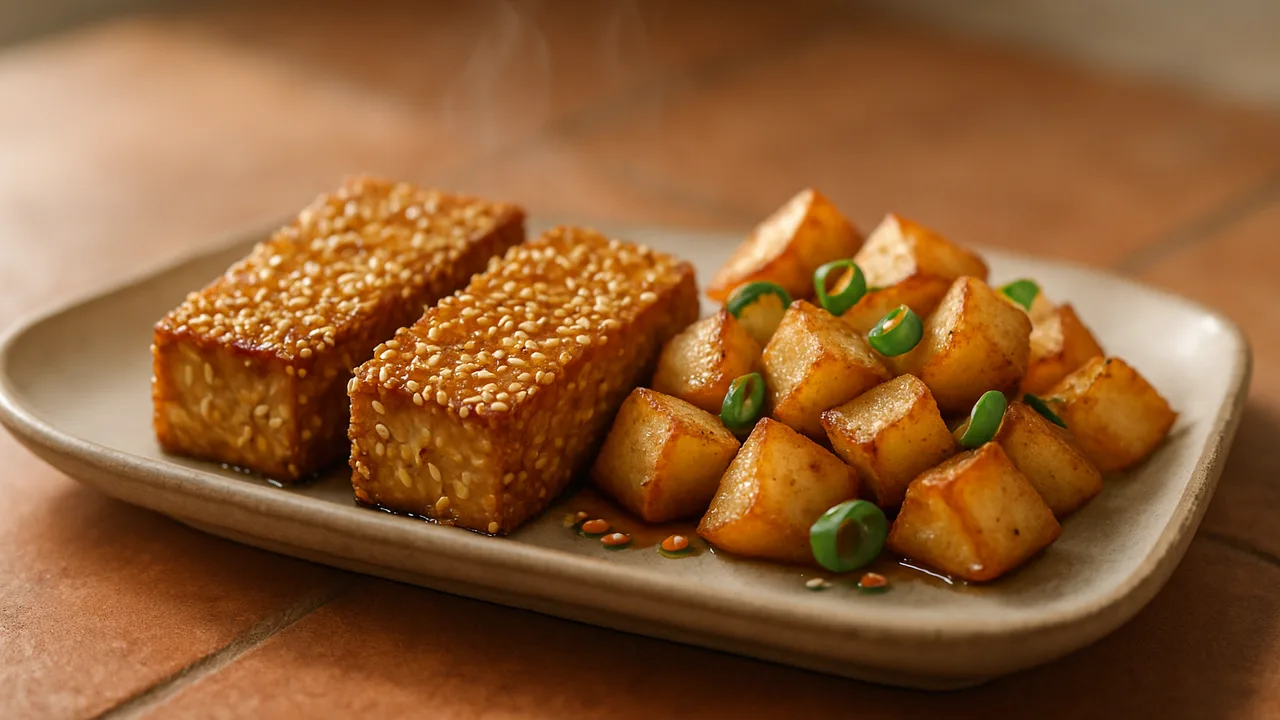 Sesam-Tofu mit Kartoffel aus dem Airfryer mit Tofu und Kartoffeln, auf Terracotta-Fliesen angerichtet.