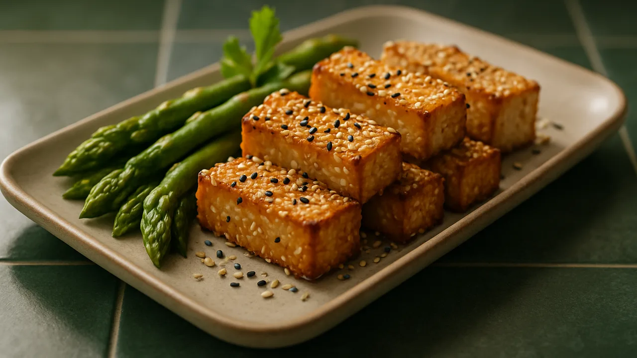 Sesam-Tofu-Spargel-Schale aus dem Airfryer mit Tofu und Spargel, auf dunkelgrünen Fliesen angerichtet.