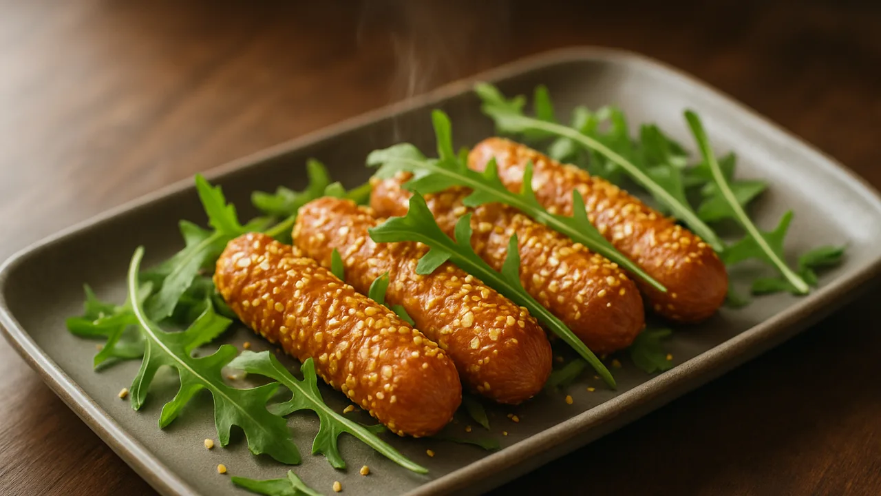 Sesam-Wiener Würstchen mit Rucola aus dem Airfryer mit Wiener Würstchen und Sesam, auf dunklem Walnussholz angerichtet.