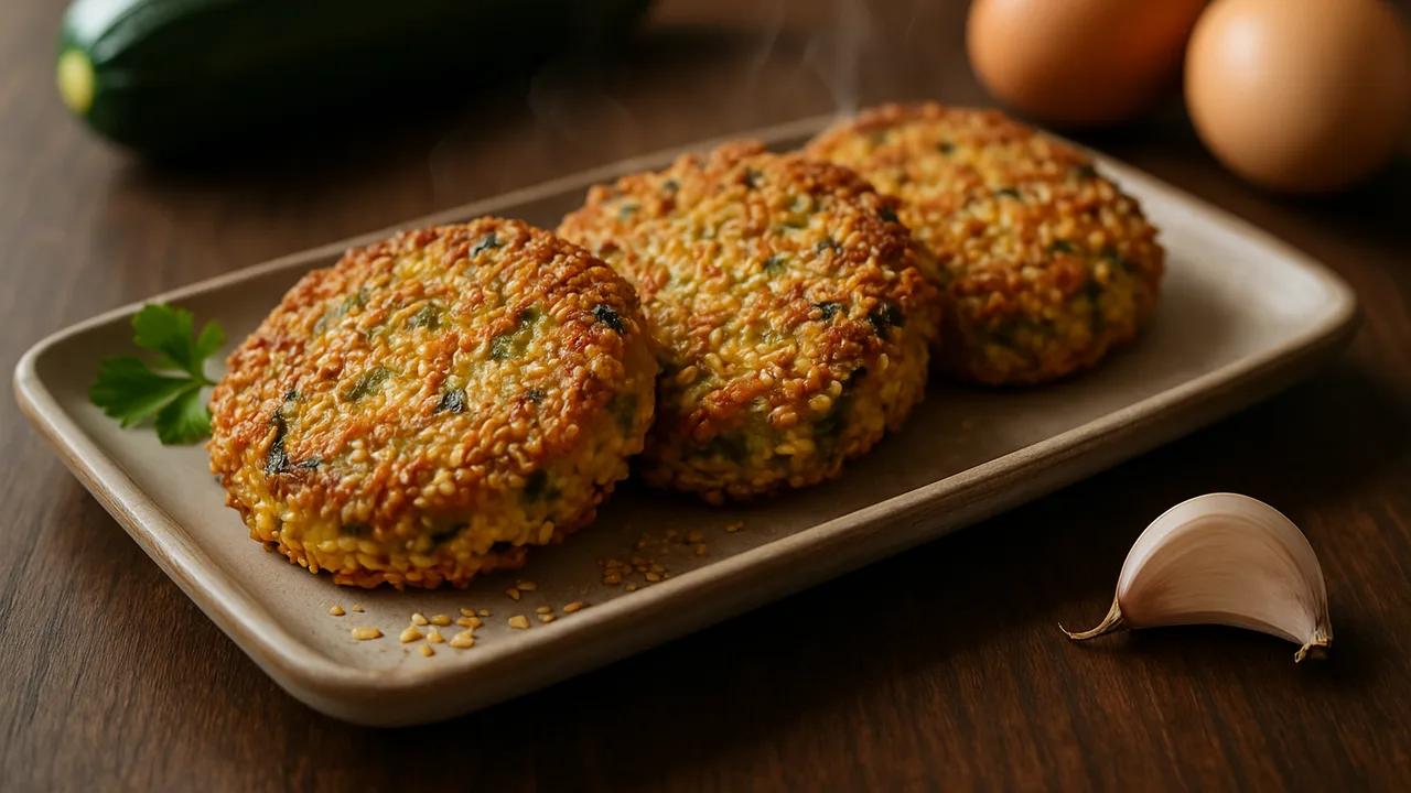 Sesam-Zucchini-Ei-Röstchen aus dem Airfryer mit Zucchini und Eier, auf dunklem Walnussholz angerichtet.