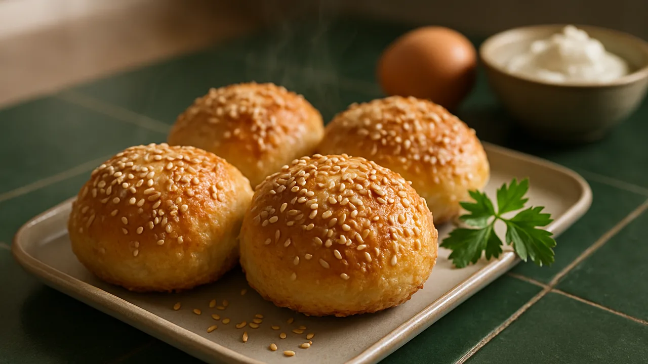 Sesambrötchen aus Quarkteig aus dem Airfryer mit Speisequark und Ei, auf dunkelgrünen Fliesen angerichtet.