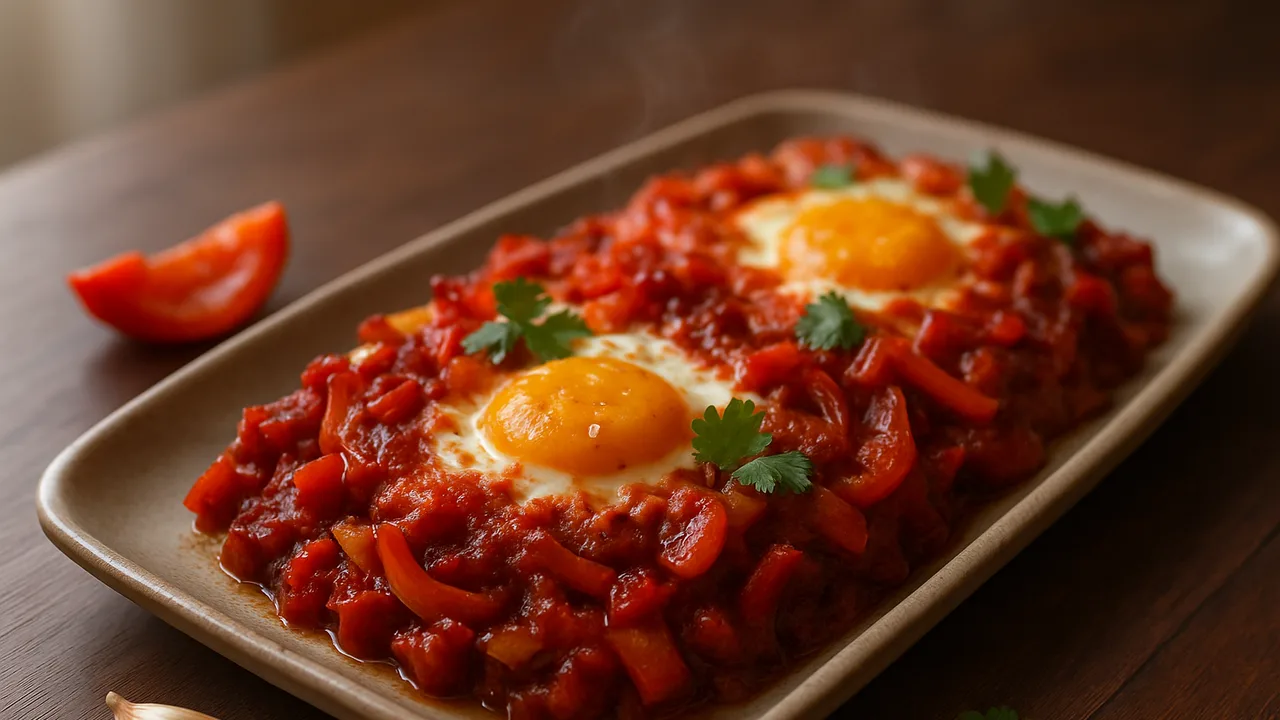 Shakshuka im Airfryer mit Zwiebel und Knoblauchzehen, auf dunklem Walnussholz angerichtet.