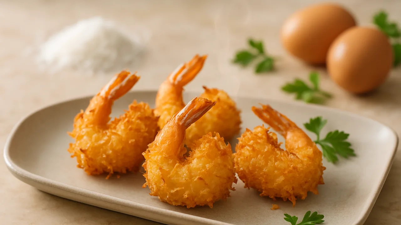 Shrimps im Kokosmantel aus dem Airfryer mit Garnelen und Kokosraspeln, auf beigem Marmor angerichtet.