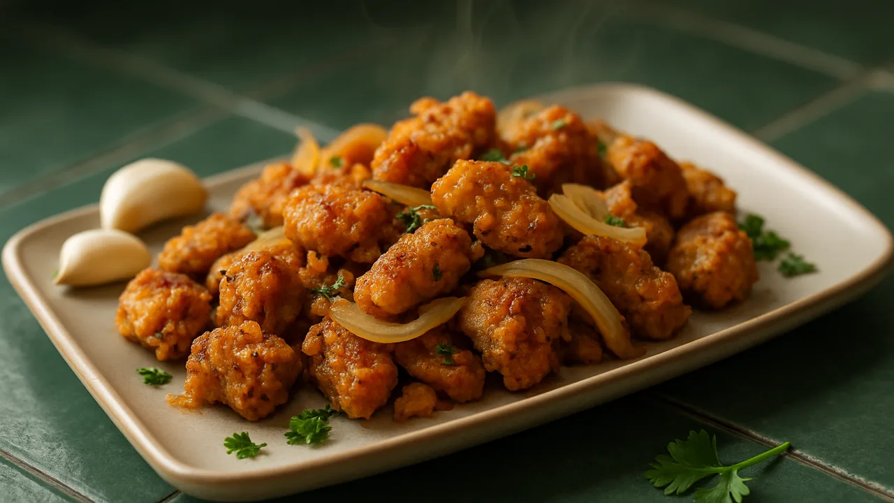 Sojaschnetzel-Knoblauch-Pfanne aus dem Airfryer mit Sojaschnetzel (trocken) und Gemüsebrühe, auf dunkelgrünen Fliesen …