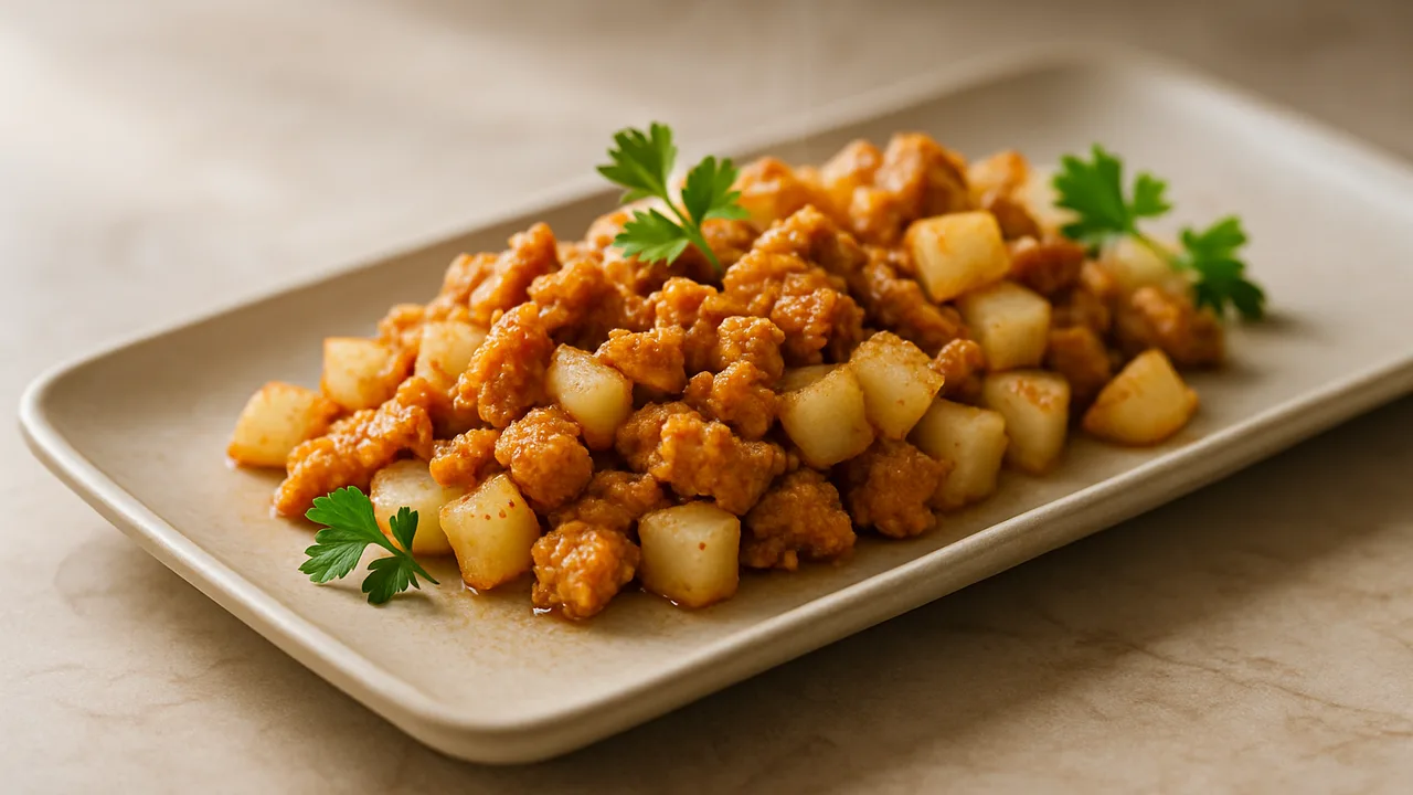 Sojaschnetzel-Kohlrabi-Pfanne aus dem Airfryer mit Sojaschnetzel (trocken) und Gemüsebrühe, auf beigem Marmor angerichtet.