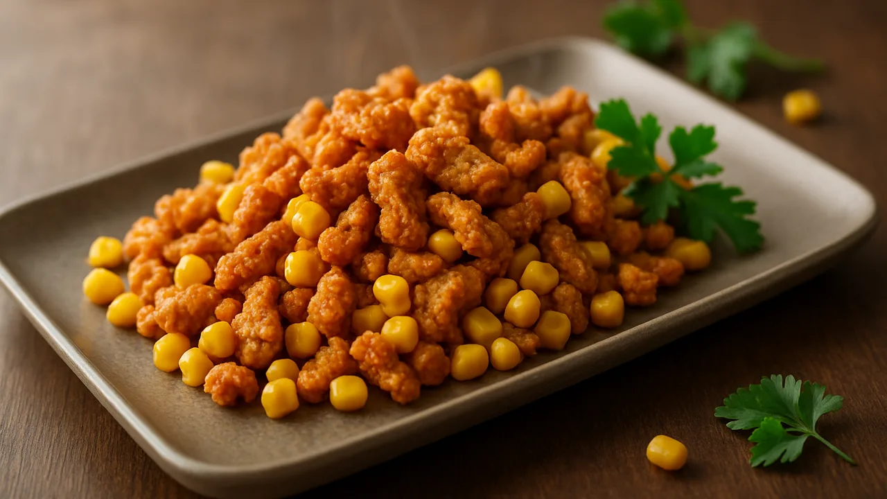 Sojaschnetzel-Mais-Pfanne aus dem Airfryer mit Sojaschnetzel (trocken) und Gemüsebrühe, auf dunklem Walnussholz angerichtet.