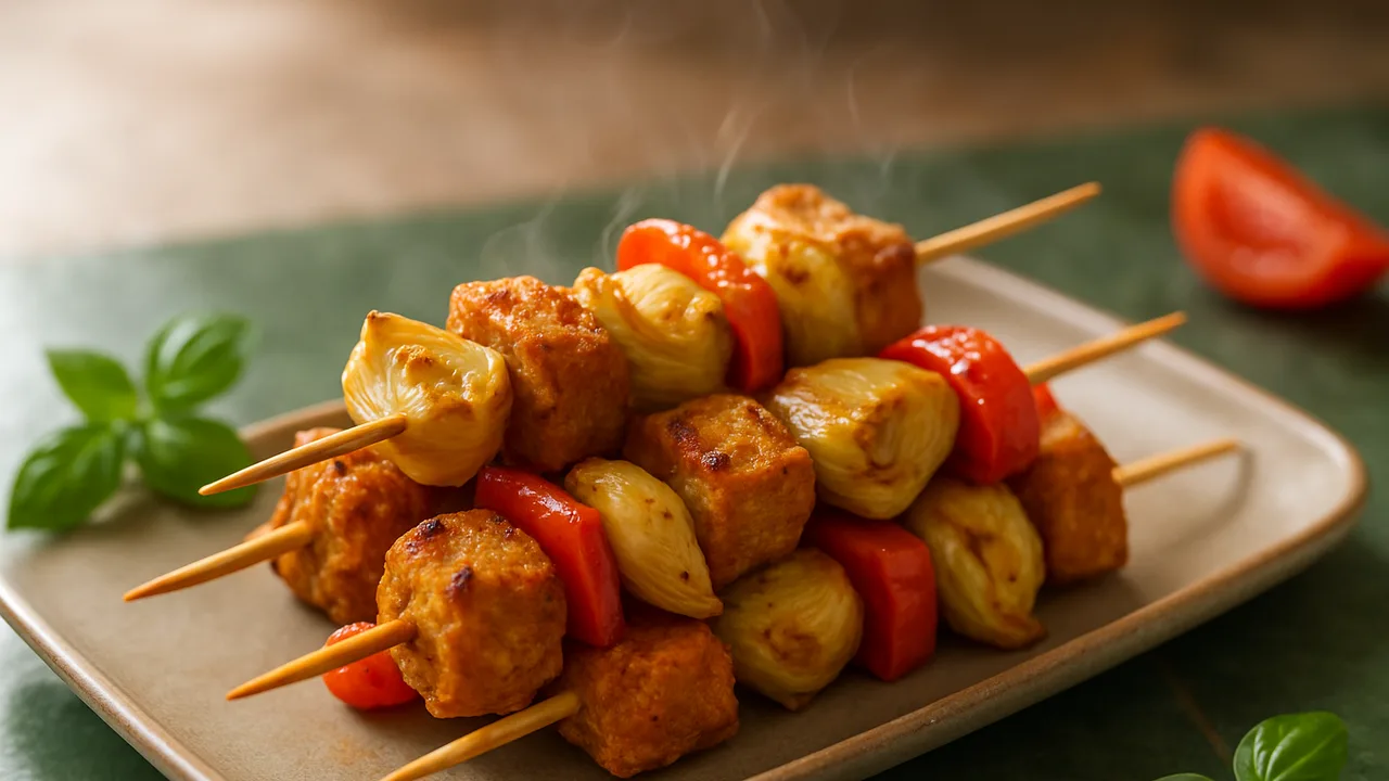 Sojaschnetzel-Spieße mit Artischocke aus dem Airfryer mit Sojaschnetzel und Artischockenherzen, auf dunkelgrünen Fliesen …