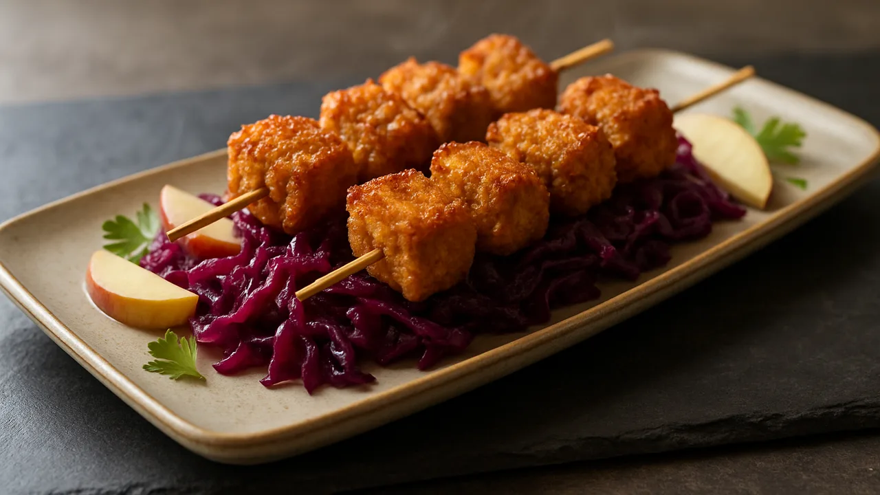 Sojaschnetzel-Spieße mit Rotkohl aus dem Airfryer mit Sojaschnetzel und Rotkohl, auf dunklem Schiefer angerichtet.