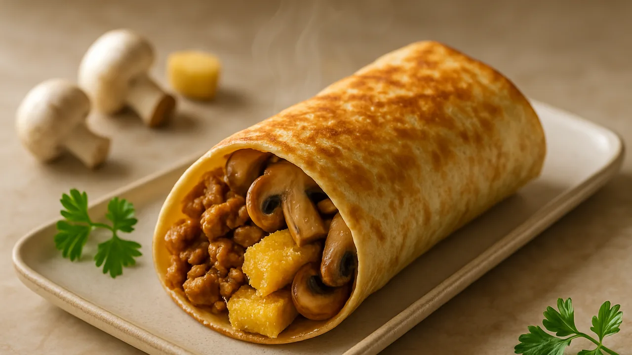 Sojaschnetzel Wrap mit Champignons und Polenta aus dem Airfryer mit Sojaschnetzel und Champignons, auf beigem Marmor …