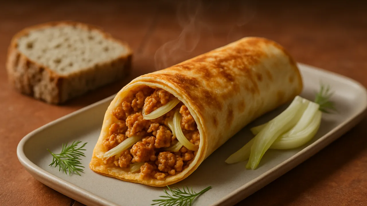 Sojaschnetzel Wrap mit Fenchel und Brot aus dem Airfryer mit Sojaschnetzel und Gemüsebrühe, auf Terracotta-Fliesen …