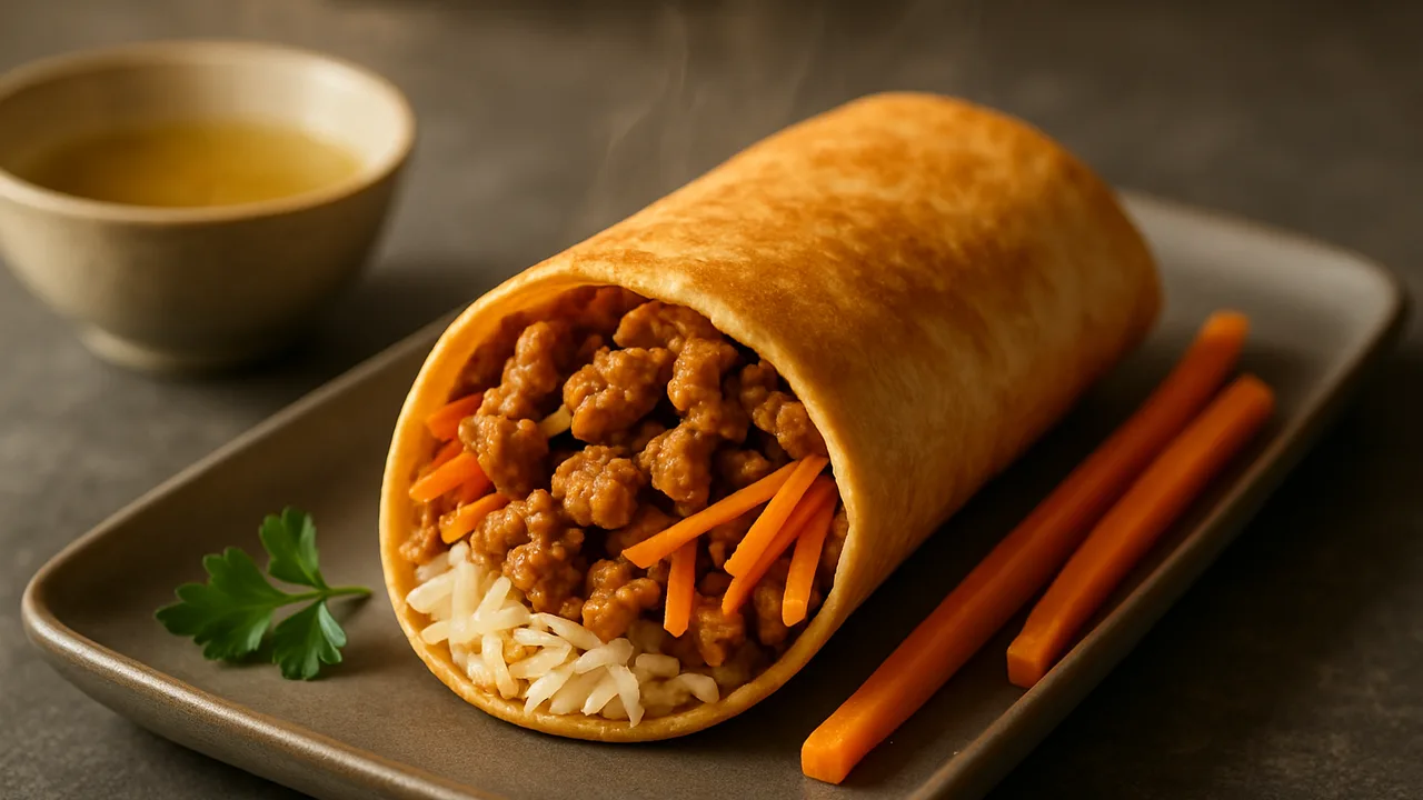 Sojaschnetzel Wrap mit Karotte und Reis aus dem Airfryer mit Sojaschnetzel (getrocknet) und Gemüsebrühe, heiß, auf dunklem …