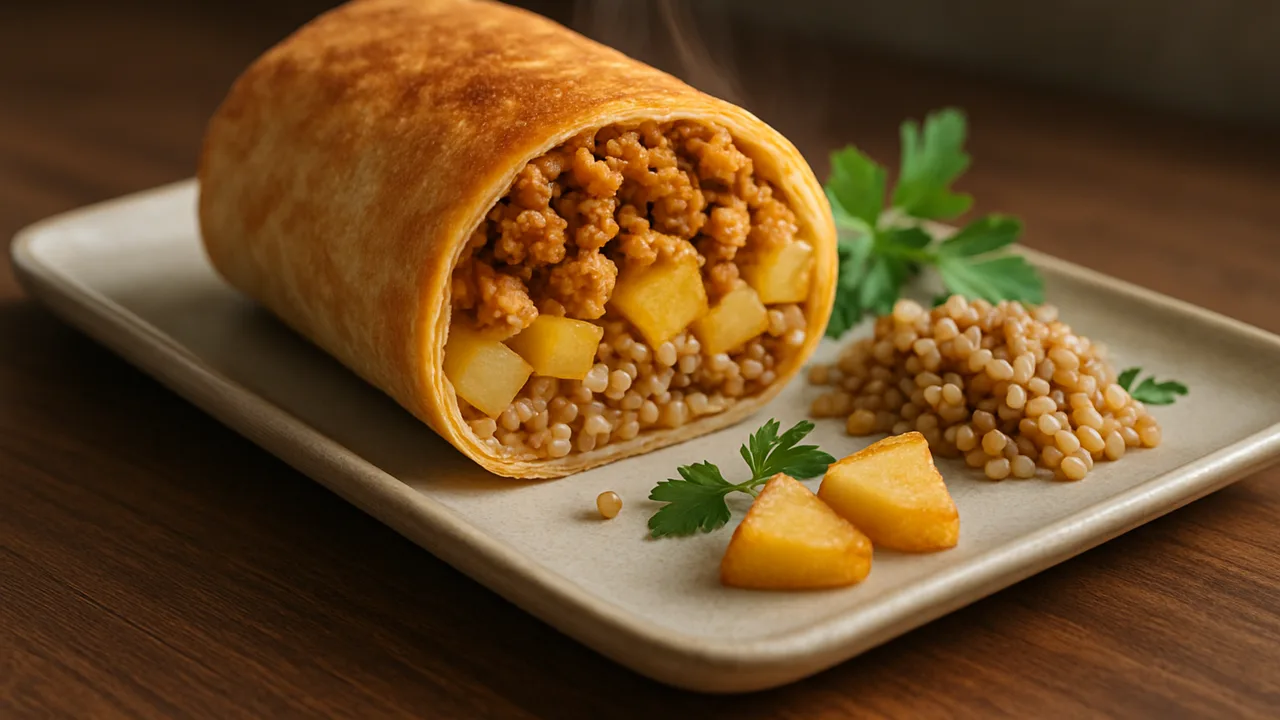Sojaschnetzel Wrap mit Steckrübe und Buchweizen aus dem Airfryer mit Sojaschnetzel und Gemüsebrühe, auf dunklem Walnussholz …