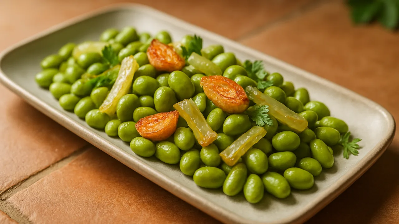 Sommerlich Edamame mit Sellerie aus dem Airfryer mit Edamame, geschält und Sellerie, auf Terracotta-Fliesen angerichtet.