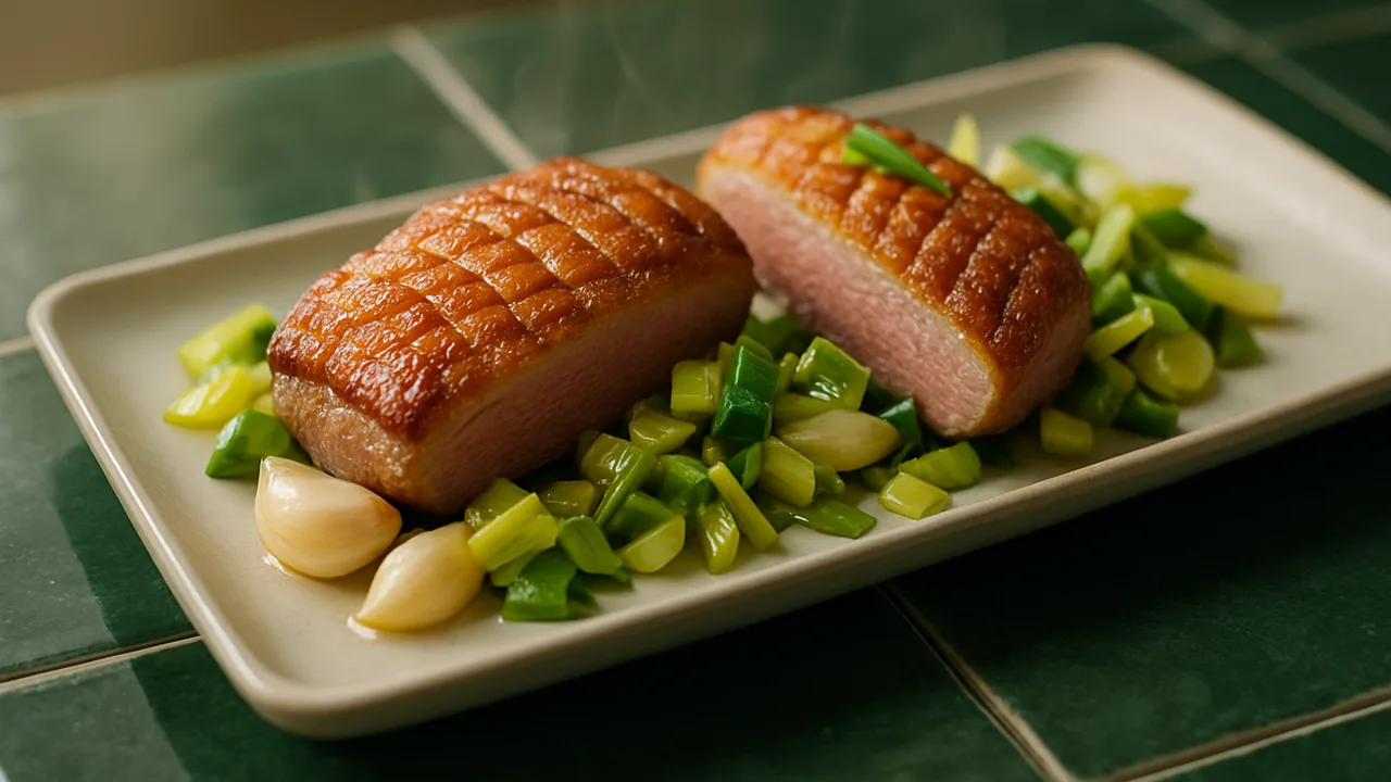 Sommerlich Entenbrust mit Lauch aus dem Airfryer mit Entenbrustfilets und Lauch, auf dunkelgrünen Fliesen angerichtet.