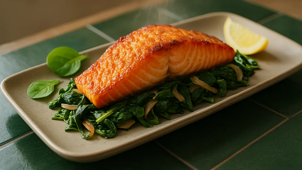 Sommerlich Lachs mit Spinat aus dem Airfryer mit Lachsfilet und frischer Spinat, auf dunkelgrünen Fliesen angerichtet.