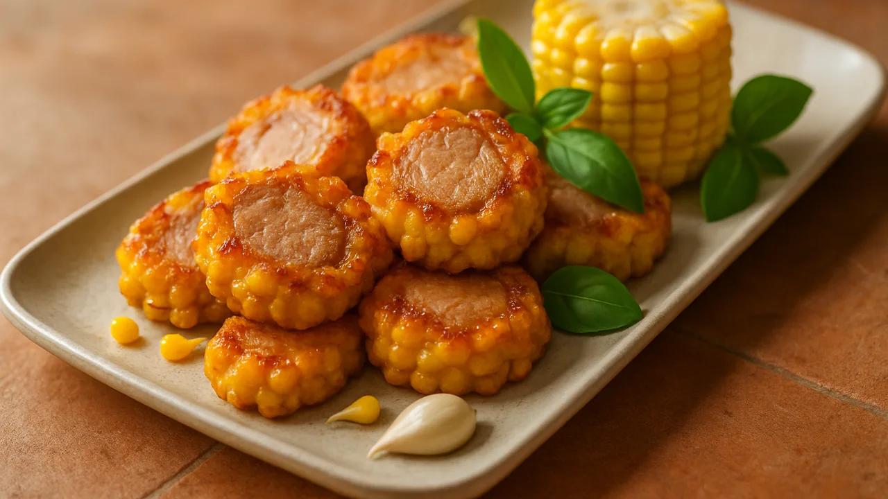 Sommerlich Mais-Schweinefilet-Röstchen aus dem Airfryer mit Schweinefilet und Maiskolben, auf Terracotta-Fliesen angerichtet.