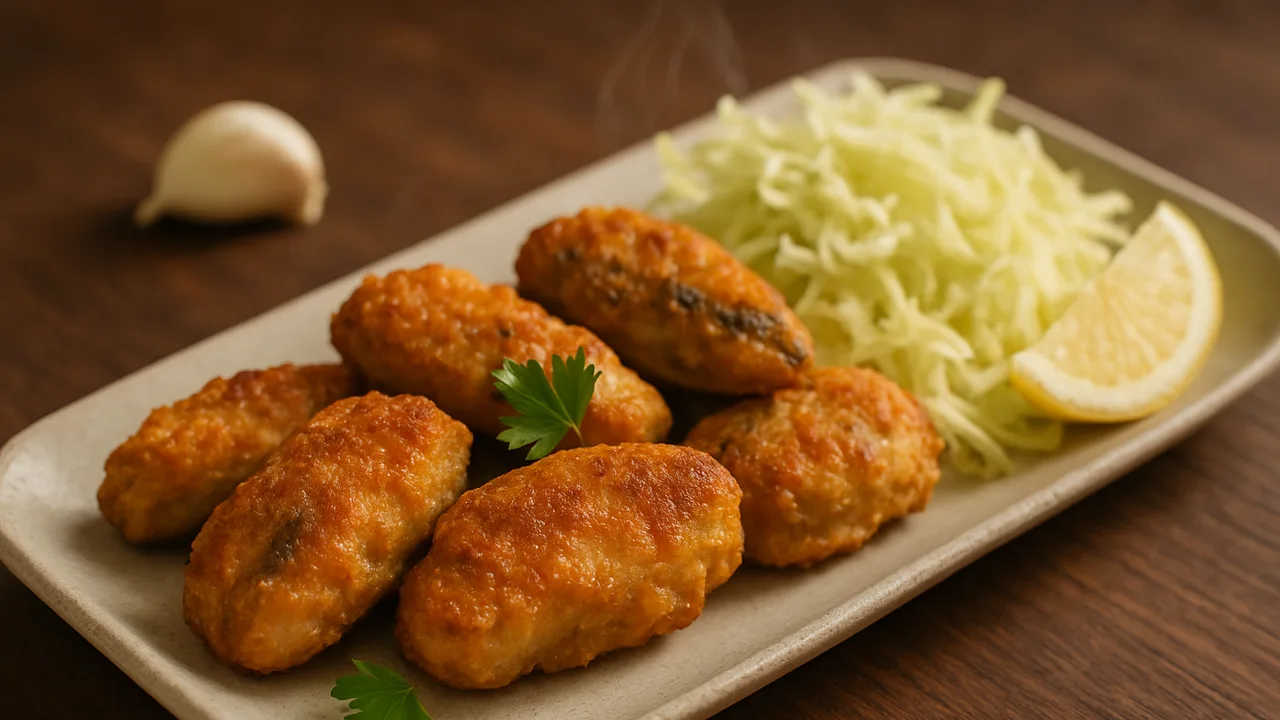 Sommerlich Makrele Nuggets mit Weißkohl aus dem Airfryer mit Makrelenfilets und Ei, auf dunklem Walnussholz angerichtet.