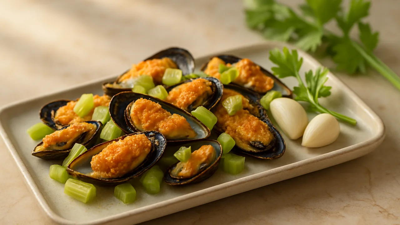Sommerlich Miesmuscheln mit Sellerie aus dem Airfryer mit Miesmuscheln und Staudensellerie, auf beigem Marmor angerichtet.