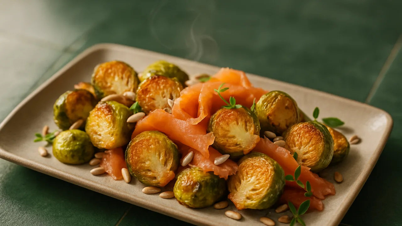 Sommerlich Räucherlachs-Rosenkohl mit Sonnenblumenkernen aus dem Airfryer mit Räucherlachs und Rosenkohl, auf dunkelgrünen …