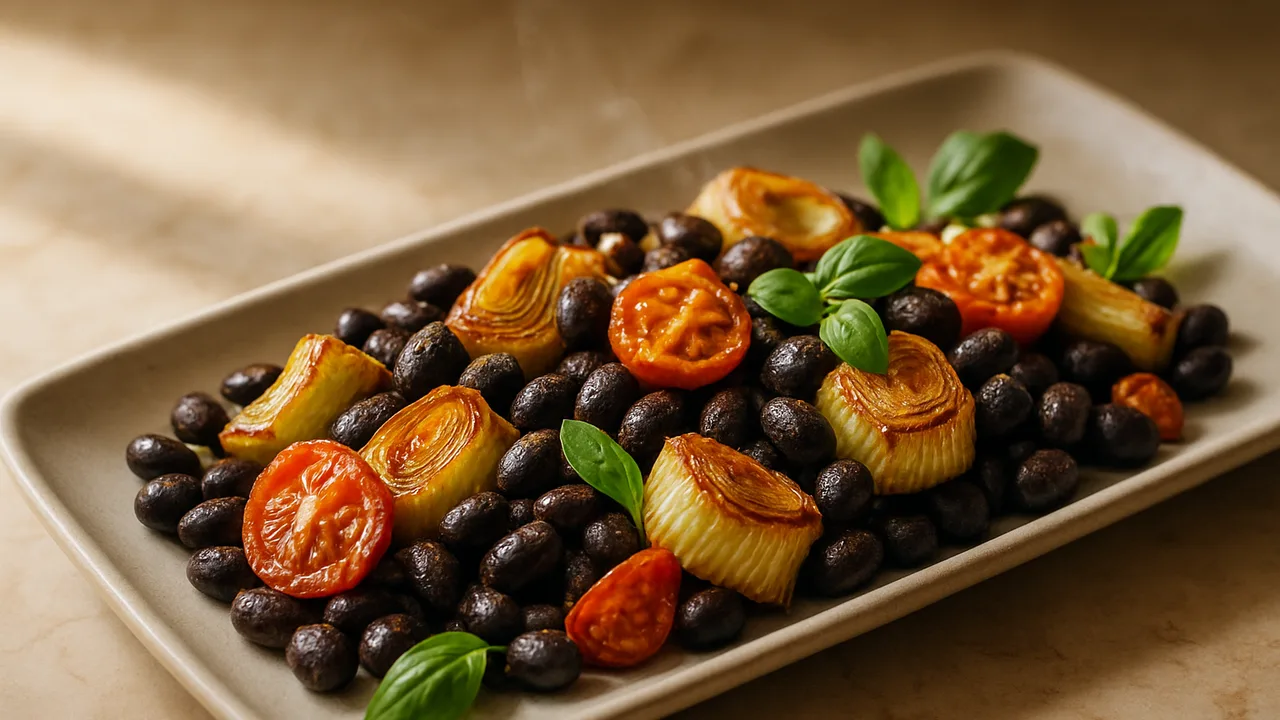 Sommerlich Schwarze Bohnen-Lauch-Schale aus dem Airfryer mit Schwarze Bohnen und Lauch, auf beigem Marmor angerichtet.