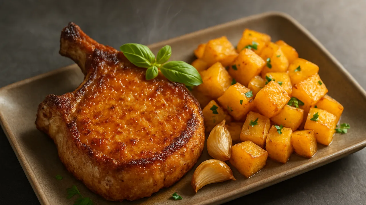 Sommerlich Schweinekotelett mit Steckrübe aus dem Airfryer mit Schweinekotelett und Steckrübe, auf dunklem Schiefer …