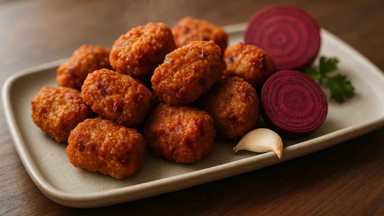 Sommerlich Seitan Nuggets mit Rote Bete aus dem Airfryer mit Seitan und Rote Bete, auf dunklem Walnussholz angerichtet.