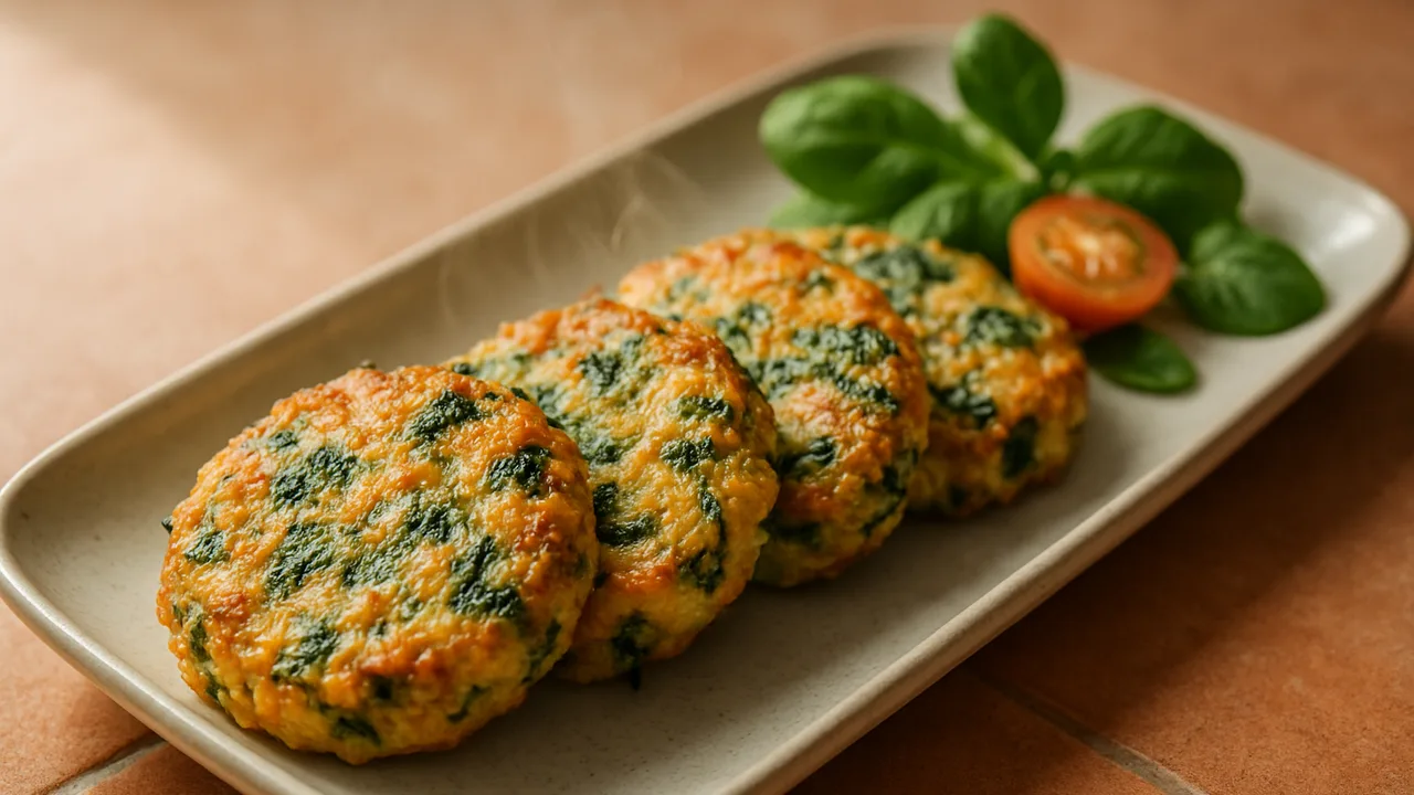 Sommerlich Spinat-Thunfisch-Röstchen aus dem Airfryer mit Thunfisch aus der Dose und Spinat, auf Terracotta-Fliesen …
