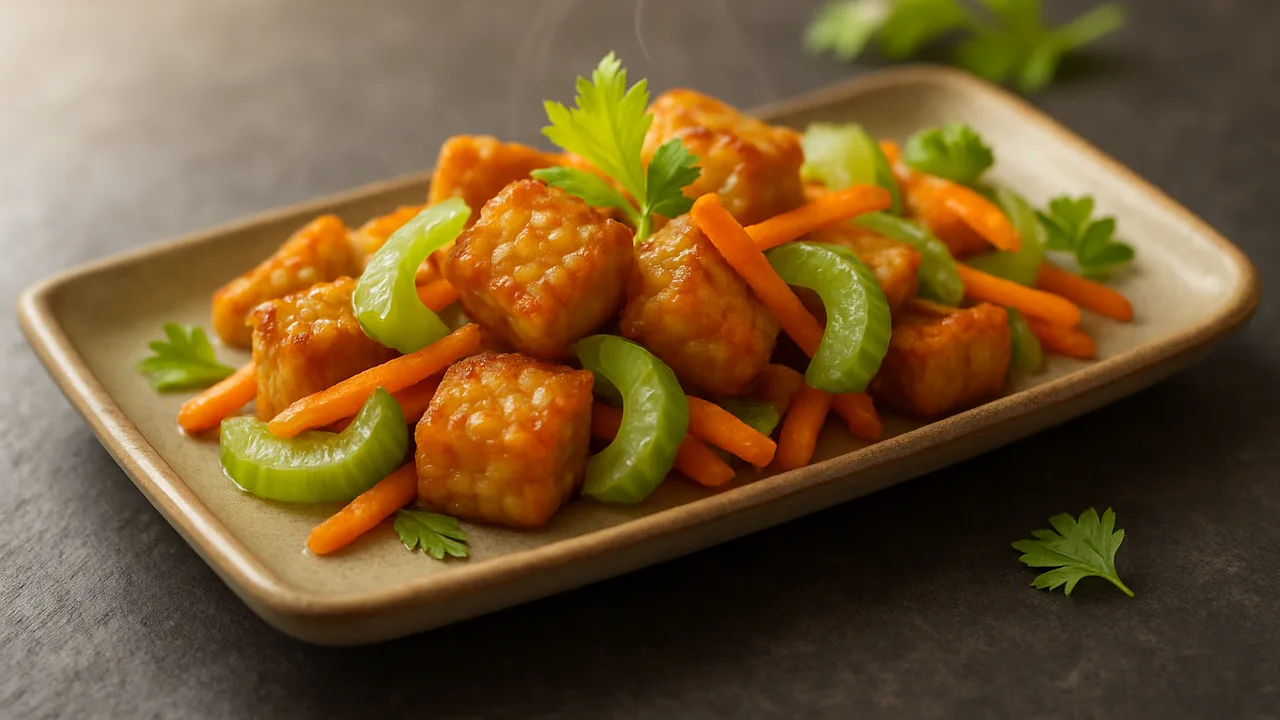 Sommerlich Tempeh mit Sellerie aus dem Airfryer mit Tempeh und Sellerie, auf dunklem Schiefer angerichtet.