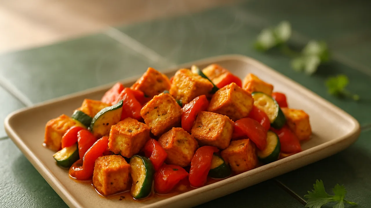 Sommerlich Tofu-Chili-Schale aus dem Airfryer mit Tofu und Paprika, auf dunkelgrünen Fliesen angerichtet.