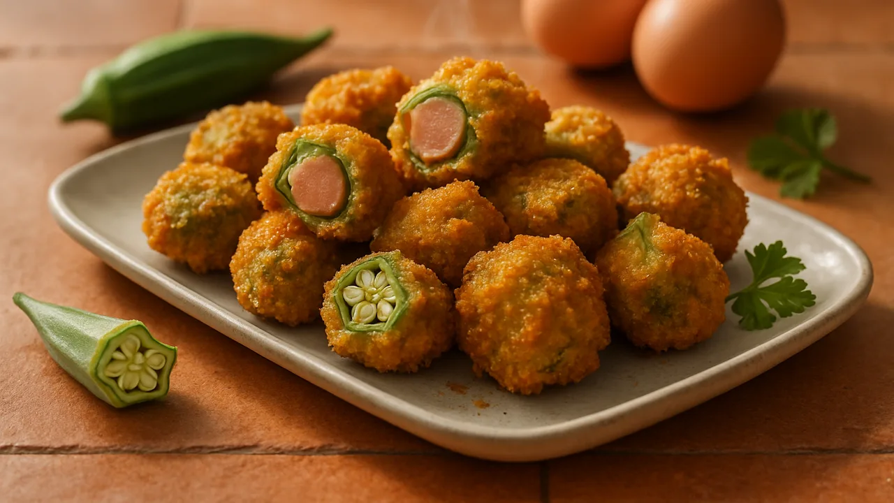 Sommerlich Wiener Würstchen Nuggets mit Okra aus dem Airfryer mit Wiener Würstchen und Okra, auf Terracotta-Fliesen …