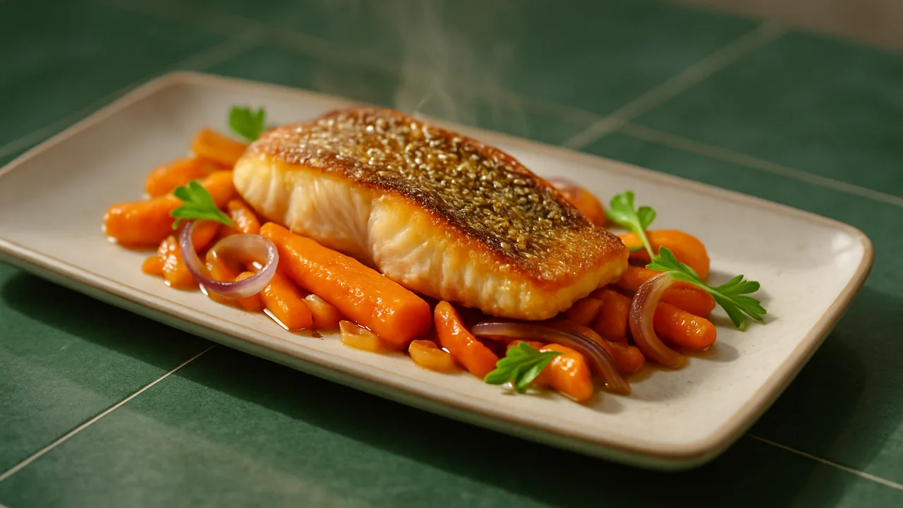Sommerlich Zander-Karotte-Schale aus dem Airfryer mit Zanderfilet und Karotten, auf dunkelgrünen Fliesen angerichtet.