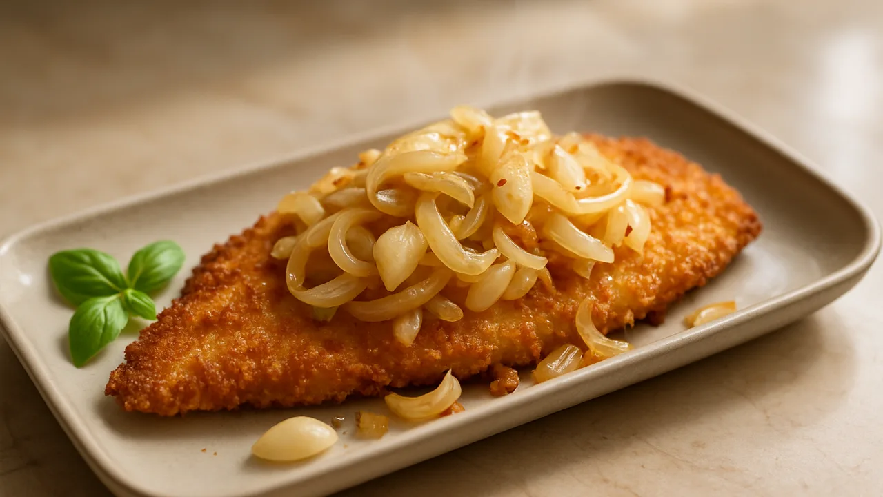 Sommerlich Zwiebel-Scholle-Röstchen aus dem Airfryer mit Schollenfilet und Zwiebeln, auf beigem Marmor angerichtet.