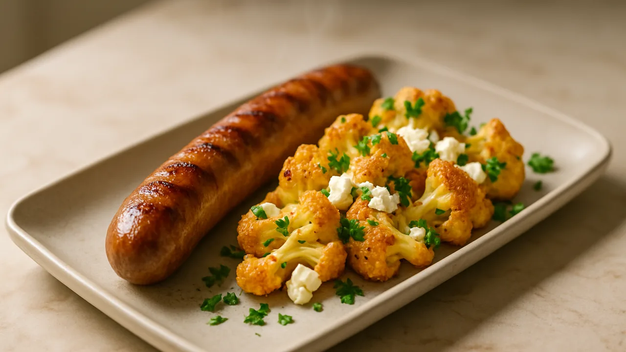 Sommerliche Bratwurst mit Blumenkohl griechisch aus dem Airfryer mit Bratwurst und Blumenkohlröschen, auf beigem Marmor …