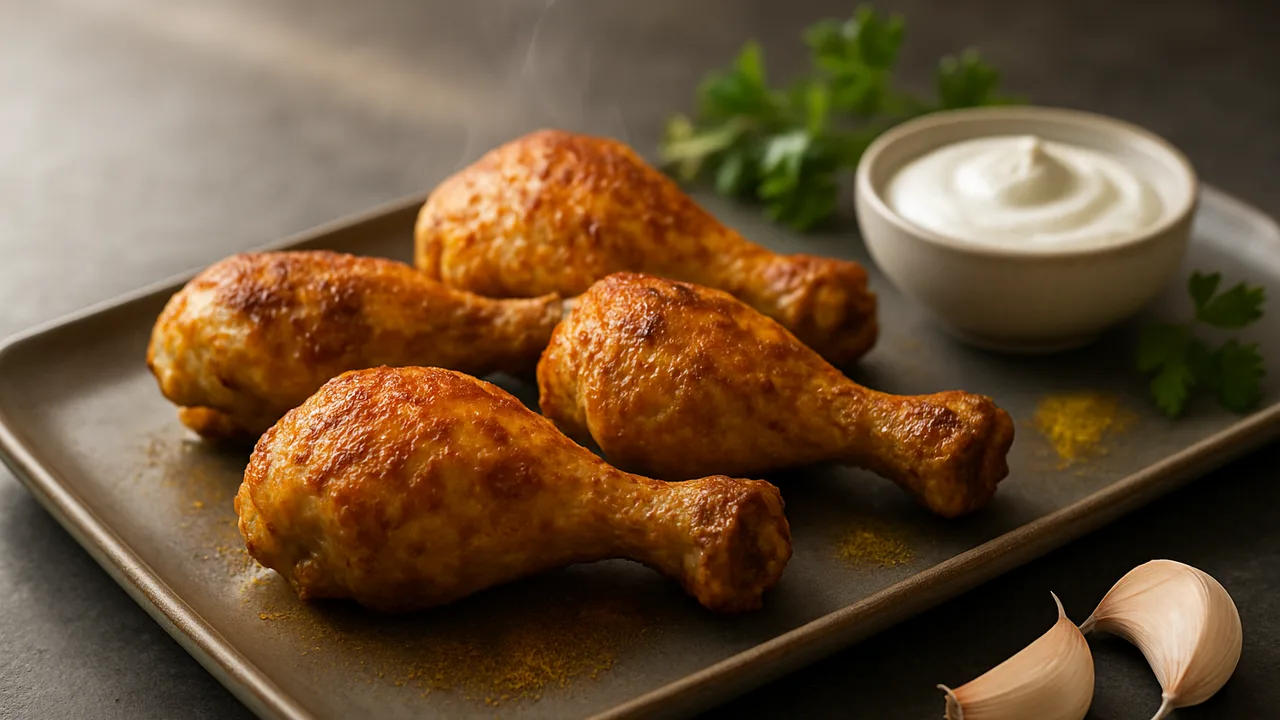 Sommerliche Hähnchenschenkel mit Knoblauch aus dem Airfryer mit Hähnchenschenkel und Naturjoghurt, auf dunklem Schiefer …