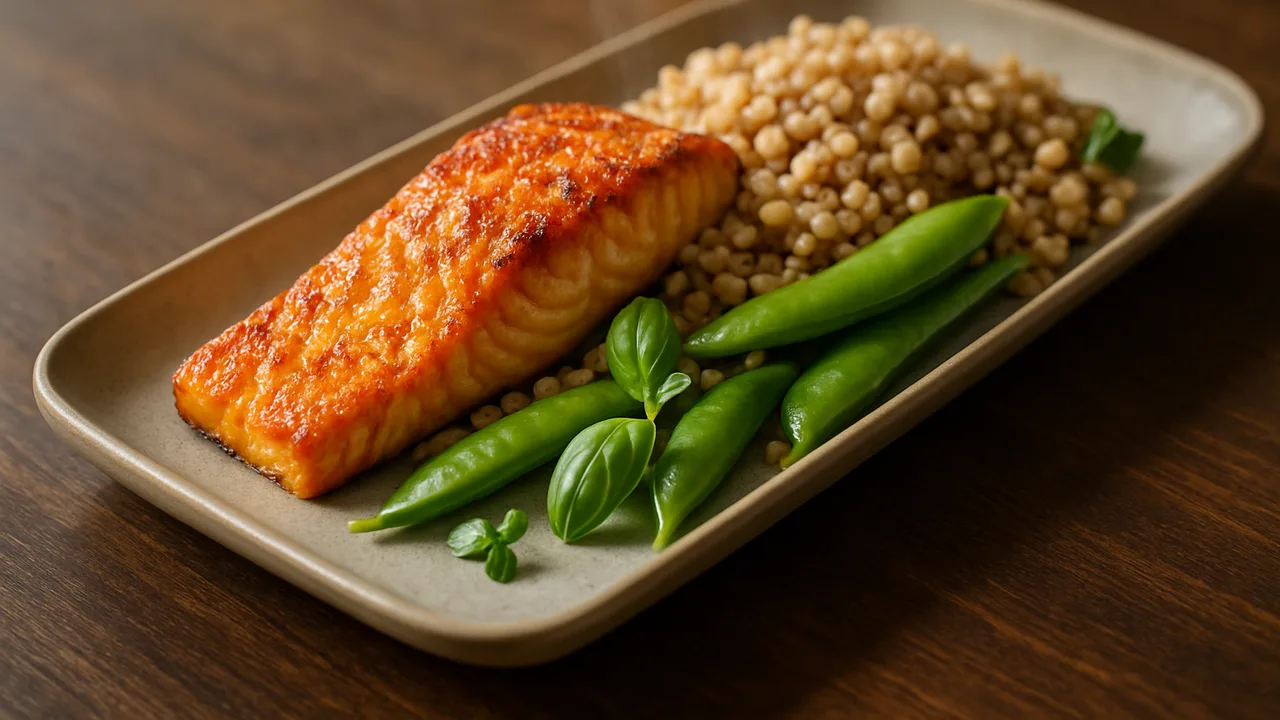 Sommerliche Lachs Bowl mit Buchweizen und Zuckerschoten aus dem Airfryer mit Lachsfilet und Buchweizen, auf dunklem …