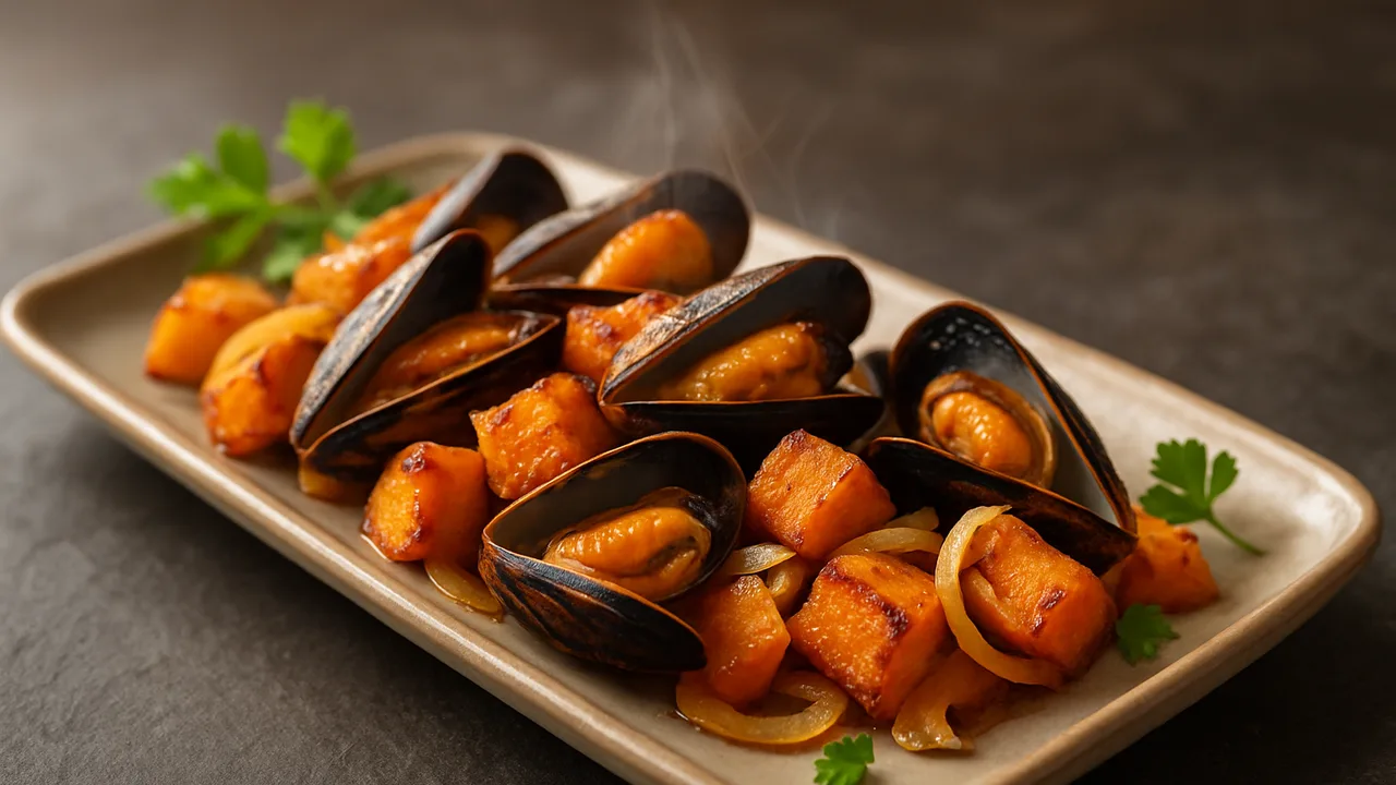 Sommerliche Miesmuscheln mit Kürbis aus dem Airfryer mit Miesmuscheln und Kürbis, auf dunklem Schiefer angerichtet.