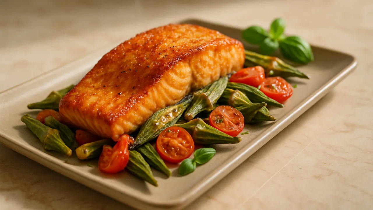 Sommerlicher Lachs mit Okra aus dem Airfryer mit Lachsfilet und Okra, auf beigem Marmor angerichtet.