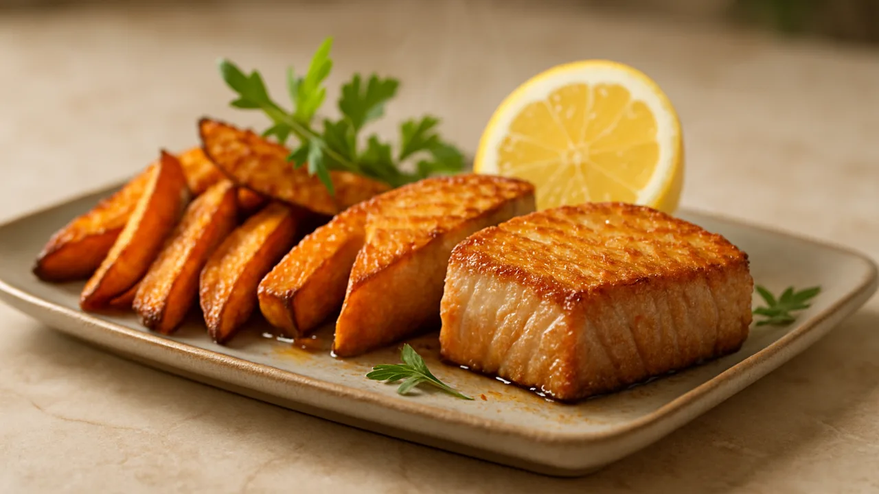 Sommerlich Thunfisch mit Süßkartoffel aus dem Airfryer mit Thunfischsteaks und Süßkartoffel, auf beigem Marmor angerichtet.