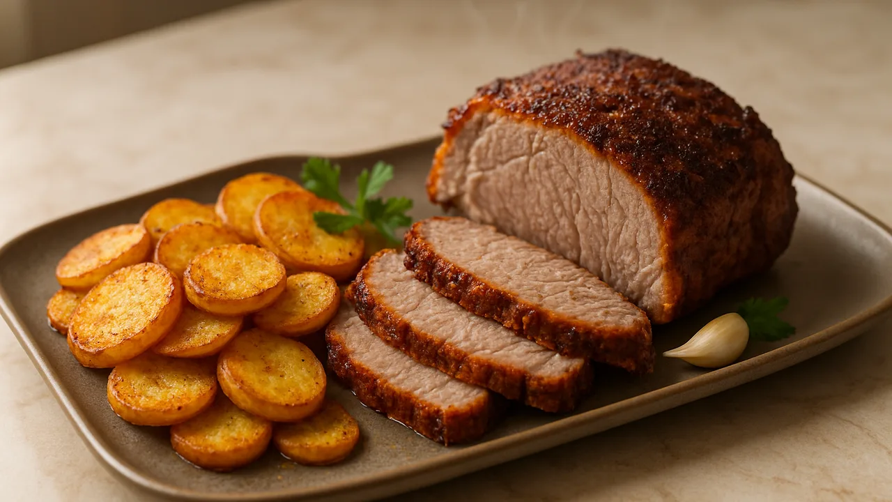 Sonntagsbraten mit Bratkartoffeln in zwei Zonen aus dem Airfryer mit Schweinenacken und Kartoffeln, auf beigem Marmor …