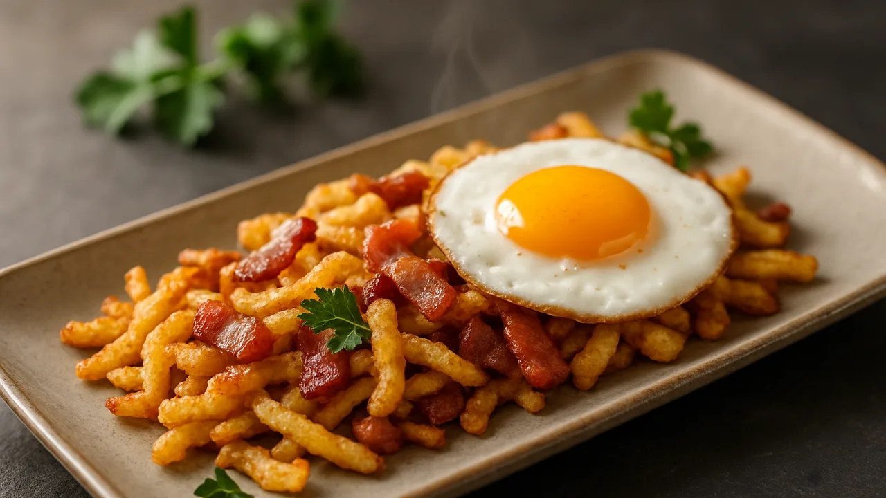 Spätzle-Pfanne mit Speck und Ei aus dem Airfryer mit Spätzle und Speck, auf dunklem Schiefer angerichtet.