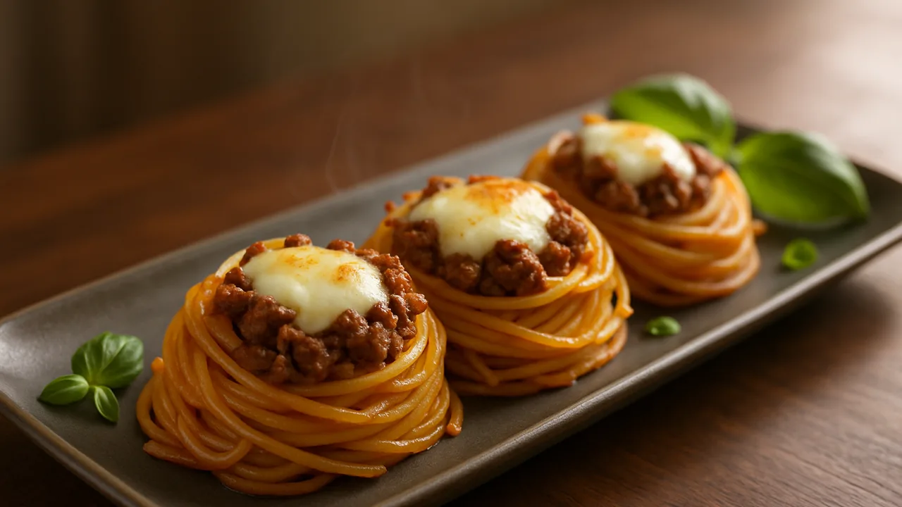 Spaghetti-Nester mit Hackfleisch und Mozzarella aus dem Airfryer mit Spaghetti und Hackfleisch gemischt, auf dunklem …