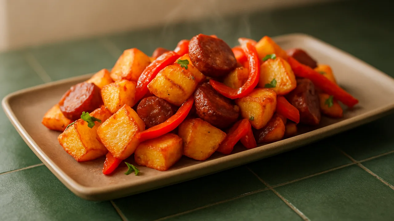 Spanische Kartoffeln mit Chorizo und Paprika aus dem Airfryer mit Kartoffeln und Chorizo, auf dunkelgrünen Fliesen …