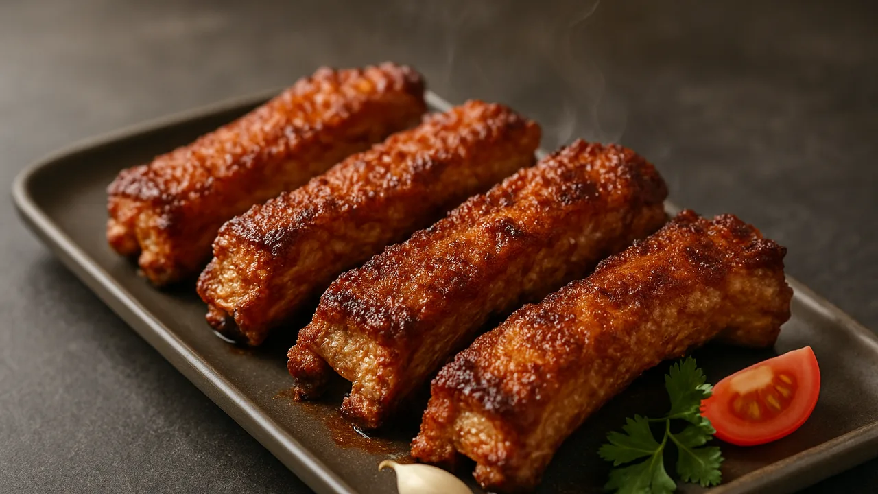 Spareribs mit Knoblauch-Paprika-Rub aus dem Airfryer mit Spareribs und Knoblauchpulver, auf dunklem Schiefer angerichtet.