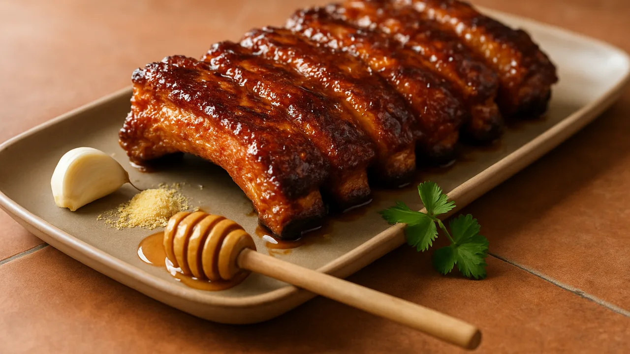 Spareribs zart mit BBQ-Glasur aus dem Airfryer mit Spareribs und Knoblauchpulver, auf Terracotta-Fliesen angerichtet.